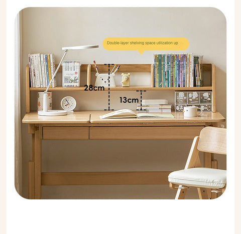 Beech Solid Wood Adjustable Kids Study Table Natural Finish with Chair Shelf & Drawer Storage