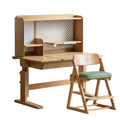 Beech Solid Wood Adjustable Kids Study Table Natural Finish with Chair Shelf & Drawer Storage