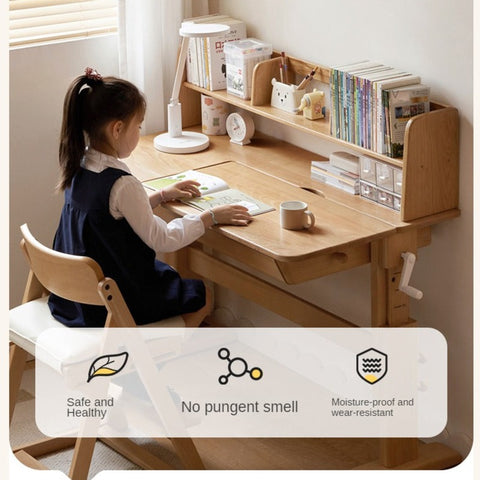 Beech Solid Wood Adjustable Kids Study Table Natural Finish with Chair Shelf & Drawer Storage