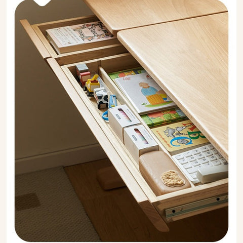 Beech Solid Wood Adjustable Kids Study Table Natural Finish with Chair Shelf & Drawer Storage