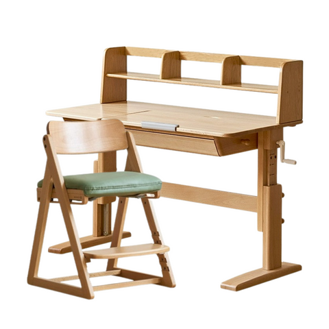 Beech Solid Wood Adjustable Kids Study Table Natural Finish with Chair Shelf & Drawer Storage
