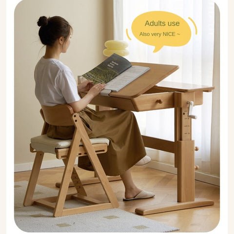 Beech Solid Wood Adjustable Kids Study Table Natural Finish with Chair Shelf & Drawer Storage
