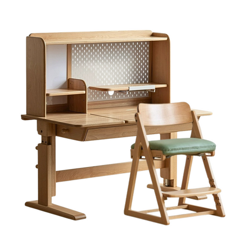 Beech Solid Wood Adjustable Kids Study Table Natural Finish with Chair Shelf & Drawer Storage