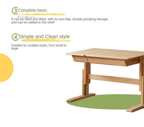 Beech Solid Wood Adjustable Kids Study Table Natural Finish with Chair Shelf & Drawer Storage