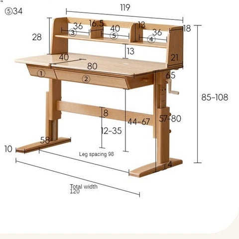 Beech Solid Wood Adjustable Kids Study Table Natural Finish with Chair Shelf & Drawer Storage