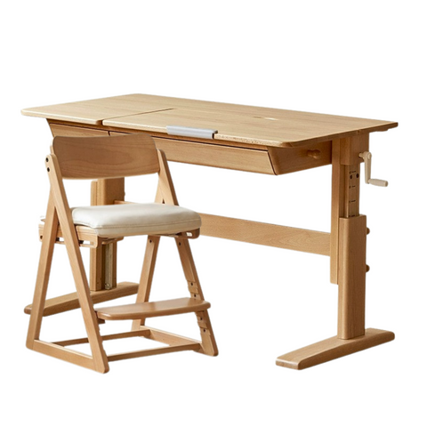 Beech Solid Wood Adjustable Kids Study Table Natural Finish with Chair Shelf & Drawer Storage