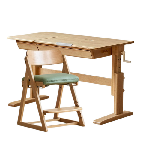 Beech Solid Wood Adjustable Kids Study Table Natural Finish with Chair Shelf & Drawer Storage