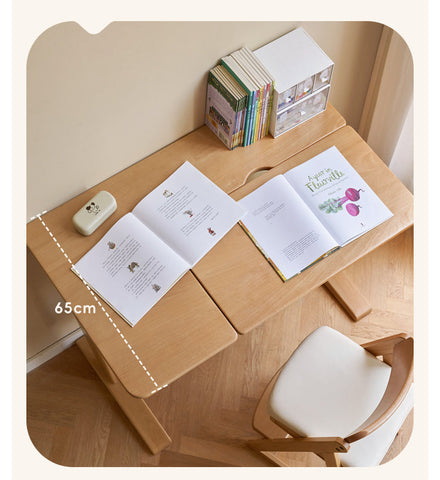 Beech Solid Wood Adjustable Kids Study Table Natural Finish with Chair Shelf & Drawer Storage