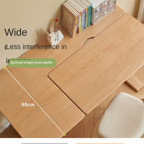 Beech Solid Wood Adjustable Kids Study Table Natural Finish with Chair Shelf & Drawer Storage