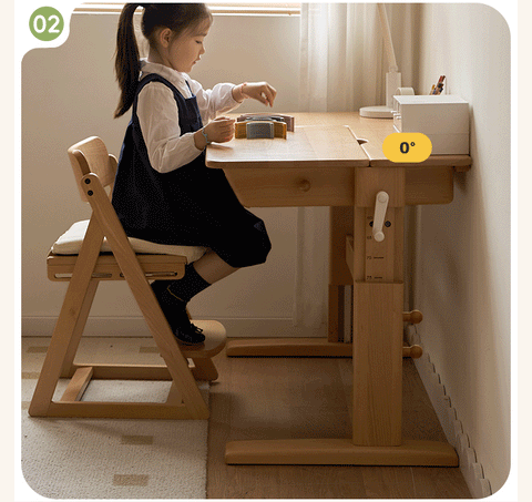 Beech Solid Wood Adjustable Kids Study Table Natural Finish with Chair Shelf & Drawer Storage