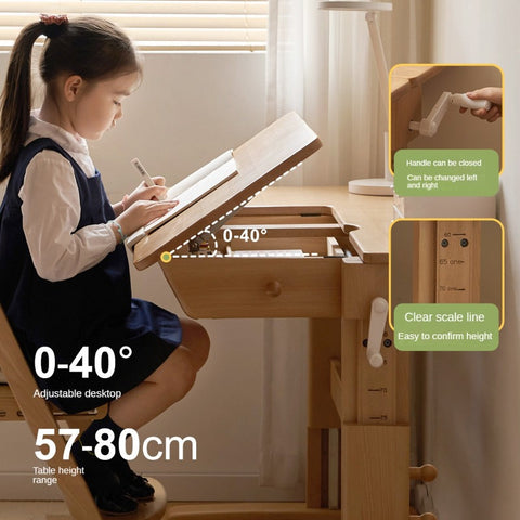 Beech Solid Wood Adjustable Kids Study Table Natural Finish with Chair Shelf & Drawer Storage