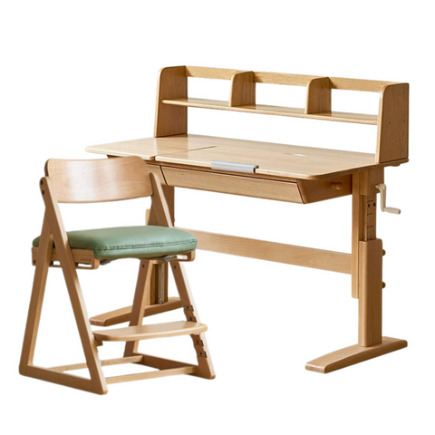 Beech Solid Wood Adjustable Kids Study Table Natural Finish with Chair Shelf & Drawer Storage