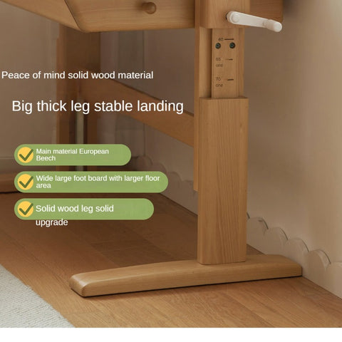 Beech Solid Wood Adjustable Kids Study Table Natural Finish with Chair Shelf & Drawer Storage