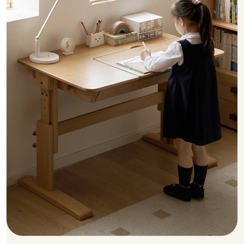 Beech Solid Wood Adjustable Kids Study Table Natural Finish with Chair Shelf & Drawer Storage