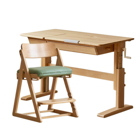 Beech Solid Wood Adjustable Kids Study Table Natural Finish with Chair Shelf & Drawer Storage