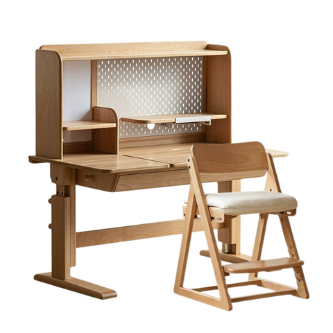 Beech Solid Wood Adjustable Kids Study Table Natural Finish with Chair Shelf & Drawer Storage