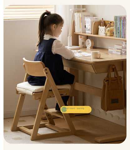Beech Solid Wood Adjustable Kids Study Table Natural Finish with Chair Shelf & Drawer Storage