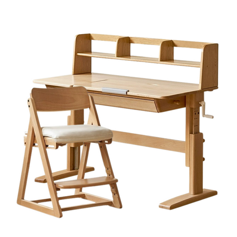 Beech Solid Wood Adjustable Kids Study Table Natural Finish with Chair Shelf & Drawer Storage