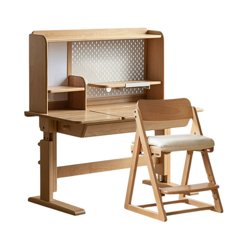 Beech Solid Wood Adjustable Kids Study Table Natural Finish with Chair Shelf & Drawer Storage