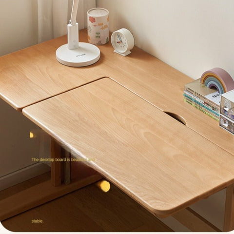 Beech Solid Wood Adjustable Kids Study Table Natural Finish with Chair Shelf & Drawer Storage