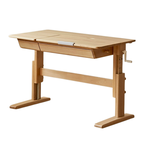 Beech Solid Wood Adjustable Kids Study Table Natural Finish with Chair Shelf & Drawer Storage