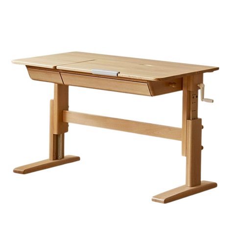 Beech Solid Wood Adjustable Kids Study Table Natural Finish with Chair Shelf & Drawer Storage