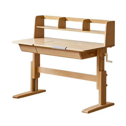 Beech Solid Wood Adjustable Kids Study Table Natural Finish with Chair Shelf & Drawer Storage