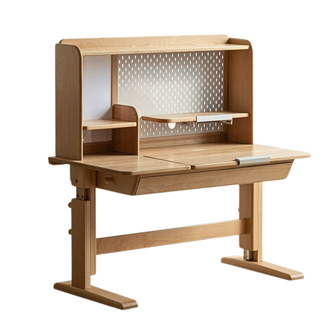 Beech Solid Wood Adjustable Kids Study Table Natural Finish with Chair Shelf & Drawer Storage