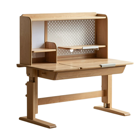 Beech Solid Wood Adjustable Kids Study Table Natural Finish with Chair Shelf & Drawer Storage