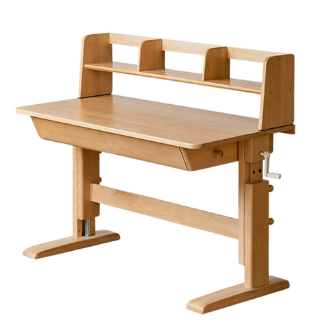 Beech Solid Wood Adjustable Kids Study Table Natural Finish with Chair Shelf & Drawer Storage