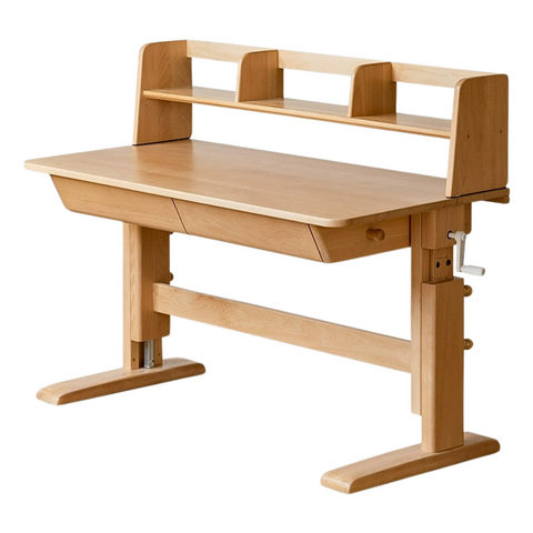 Beech Solid Wood Adjustable Kids Study Table Natural Finish with Chair Shelf & Drawer Storage