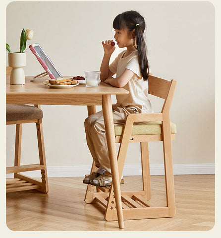 Solid Wood Adjustable Kids Desk Chair Natural Beech Oak Cushion Ergonomic for Study Dining