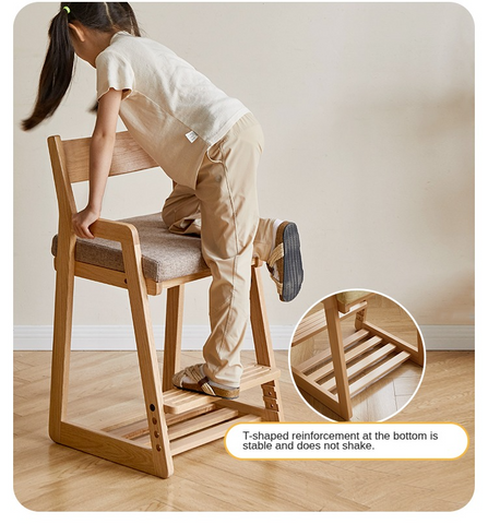 Solid Wood Adjustable Kids Desk Chair Natural Beech Oak Cushion Ergonomic for Study Dining