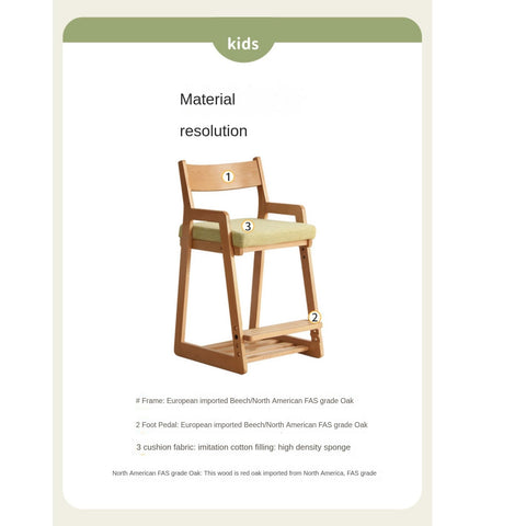 Solid Wood Adjustable Kids Desk Chair Natural Beech Oak Cushion Ergonomic for Study Dining