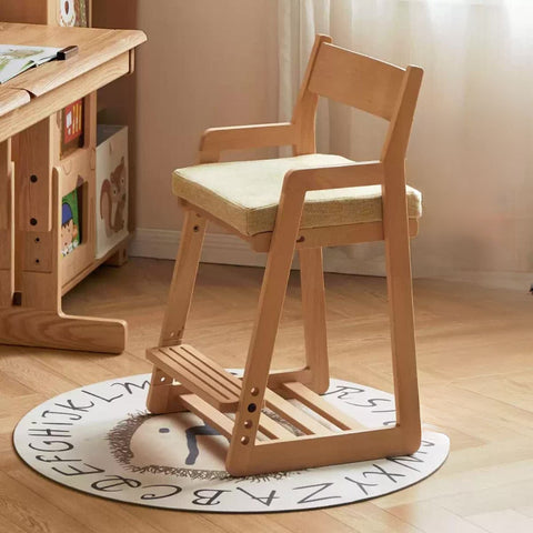 Solid Wood Adjustable Kids Desk Chair Natural Beech Oak Cushion Ergonomic for Study Dining