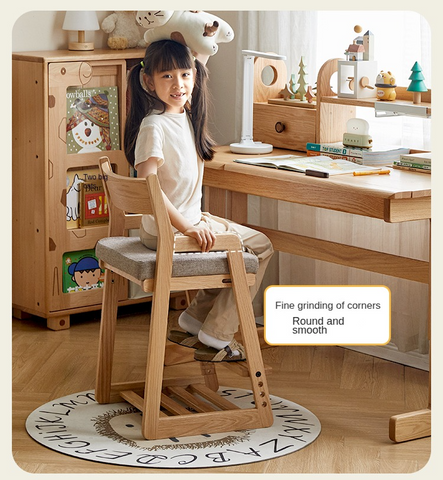 Solid Wood Adjustable Kids Desk Chair Natural Beech Oak Cushion Ergonomic for Study Dining