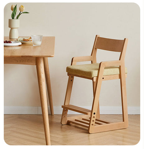 Solid Wood Adjustable Kids Desk Chair Natural Beech Oak Cushion Ergonomic for Study Dining