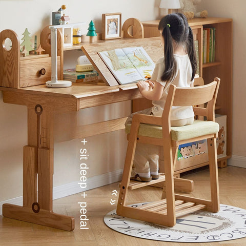 Solid Wood Adjustable Kids Desk Chair Natural Beech Oak Cushion Ergonomic for Study Dining