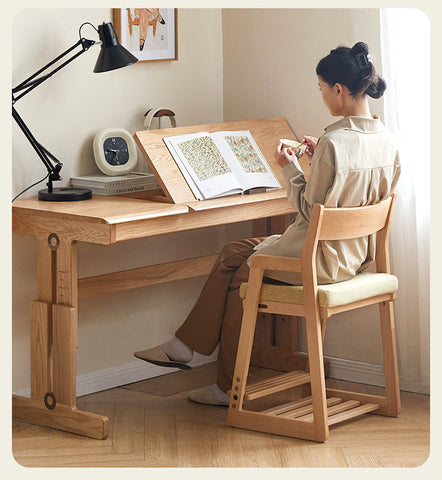 Solid Wood Adjustable Kids Desk Chair Natural Beech Oak Cushion Ergonomic for Study Dining