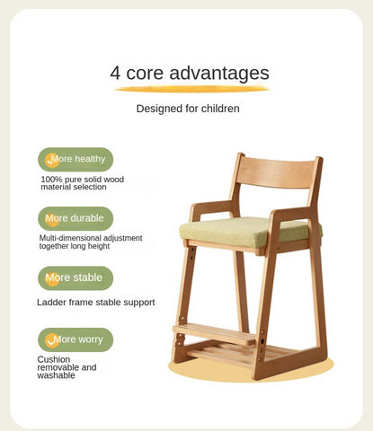 Solid Wood Adjustable Kids Desk Chair Natural Beech Oak Cushion Ergonomic for Study Dining