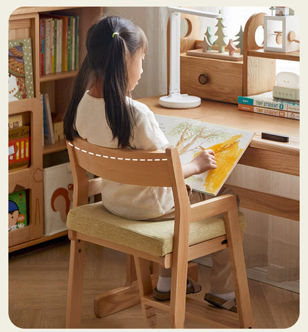 Solid Wood Adjustable Kids Desk Chair Natural Beech Oak Cushion Ergonomic for Study Dining