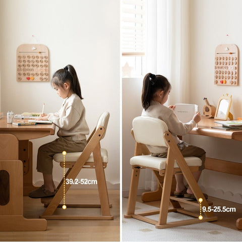 Beech Solid Wood Adjustable Lift Learning Chair Kids Study Chair with Soft Cushion Backrest & Footrest Brown