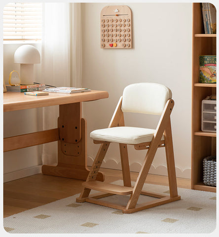 Beech Solid Wood Adjustable Lift Learning Chair Kids Study Chair with Soft Cushion Backrest & Footrest Brown