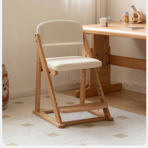 Beech Solid Wood Adjustable Lift Learning Chair Kids Study Chair with Soft Cushion Backrest & Footrest Brown