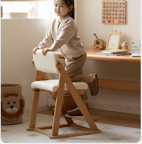 Beech Solid Wood Adjustable Lift Learning Chair Kids Study Chair with Soft Cushion Backrest & Footrest Brown