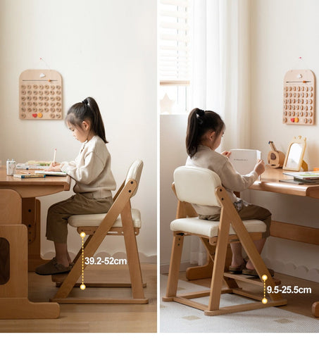Beech Solid Wood Adjustable Lift Learning Chair Kids Study Chair with Soft Cushion Backrest & Footrest Brown