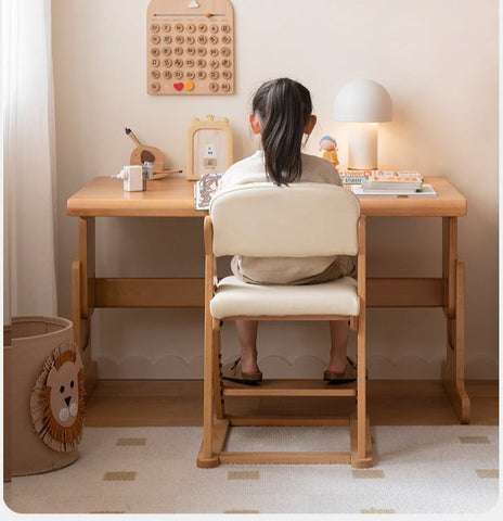 Beech Solid Wood Adjustable Lift Learning Chair Kids Study Chair with Soft Cushion Backrest & Footrest Brown