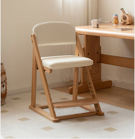 Beech Solid Wood Adjustable Lift Learning Chair Kids Study Chair with Soft Cushion Backrest & Footrest Brown