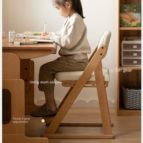 Beech Solid Wood Adjustable Lift Learning Chair Kids Study Chair with Soft Cushion Backrest & Footrest Brown