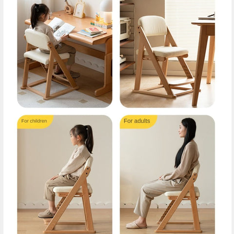 Beech Solid Wood Adjustable Lift Learning Chair Kids Study Chair with Soft Cushion Backrest & Footrest Brown